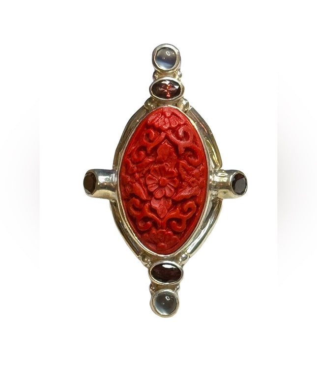 Sajen sterling silver 925 cinnabar moonstone garnet Bali carved ring elongated