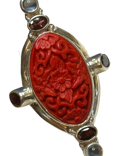 Sajen sterling silver 925 cinnabar moonstone garnet Bali carved ring elongated
