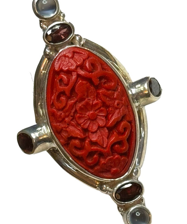 Sajen sterling silver 925 cinnabar moonstone garnet Bali carved ring elongated