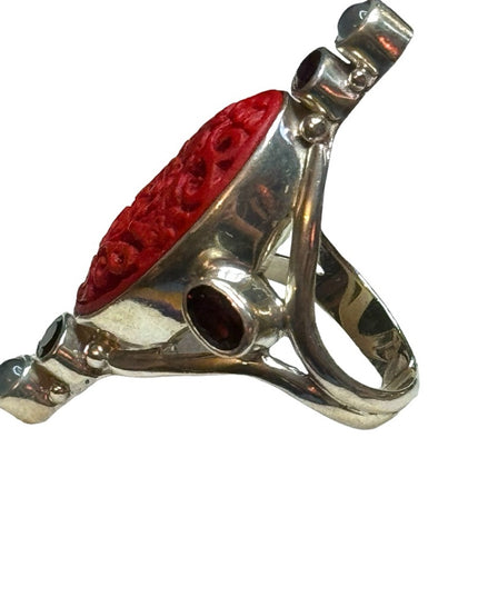 Sajen sterling silver 925 cinnabar moonstone garnet Bali carved ring elongated