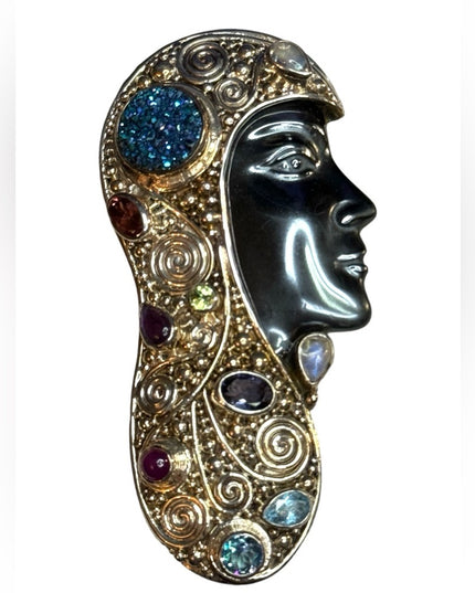 Sajen 2001 Sterling silver multi gemstone Hematite Goddess face RARE brooch