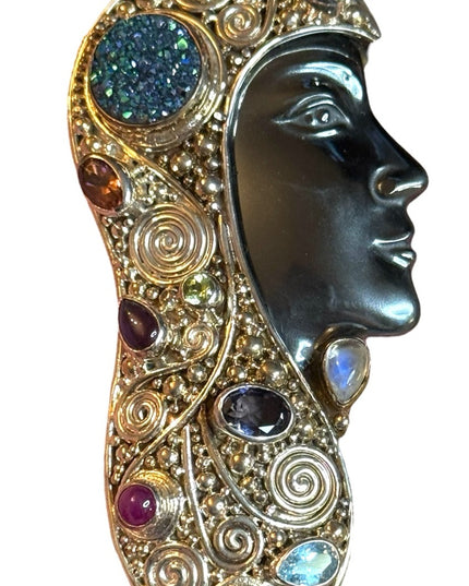 Sajen 2001 Sterling silver multi gemstone Hematite Goddess face RARE brooch