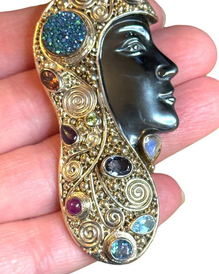Sajen 2001 Sterling silver multi gemstone Hematite Goddess face RARE brooch