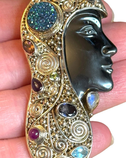 Sajen 2001 Sterling silver multi gemstone Hematite Goddess face RARE brooch