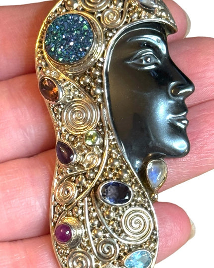 Sajen 2001 Sterling silver multi gemstone Hematite Goddess face RARE brooch