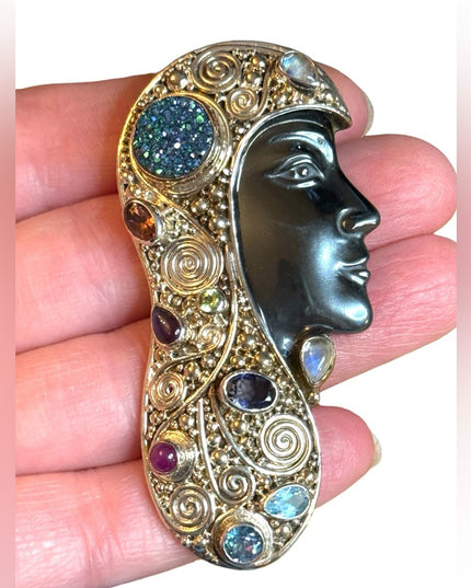 Sajen 2001 Sterling silver multi gemstone Hematite Goddess face RARE brooch