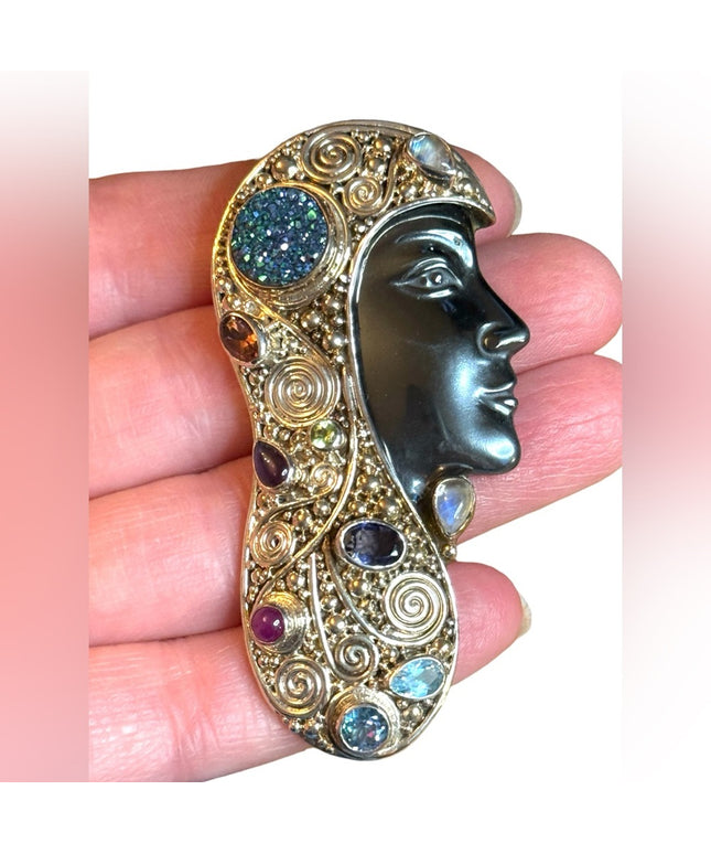 Sajen 2001 Sterling silver multi gemstone Hematite Goddess face RARE brooch