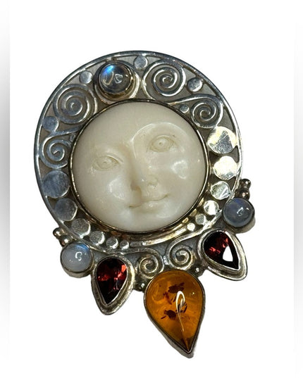 Bali handmade Sajen Boneface goddess amber garnet moonstone pendant brooch