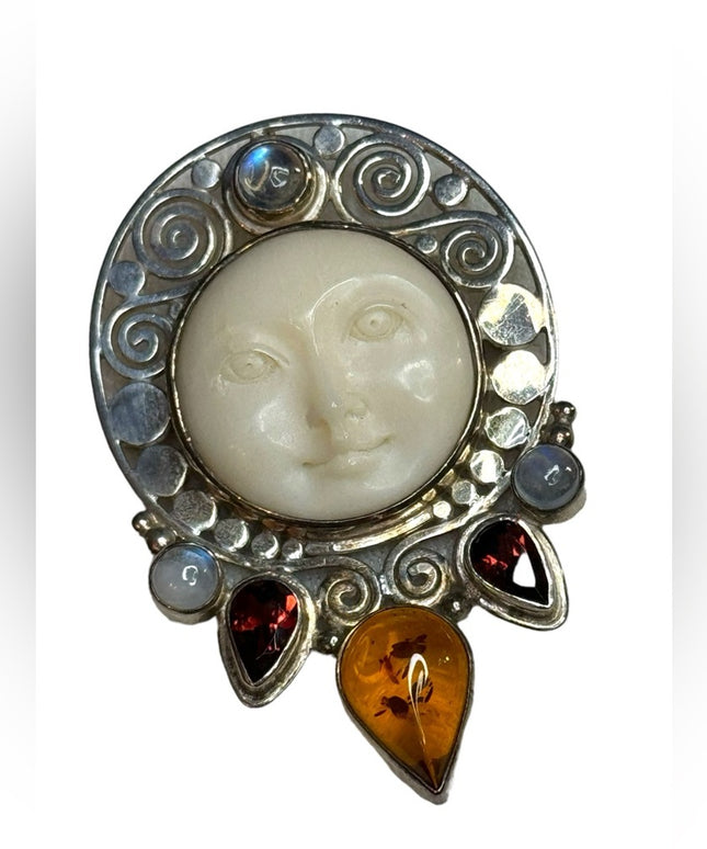 Bali handmade Sajen Boneface goddess amber garnet moonstone pendant brooch