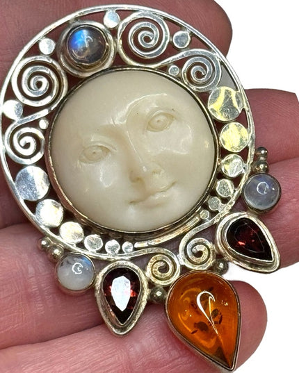 Bali handmade Sajen Boneface goddess amber garnet moonstone pendant brooch