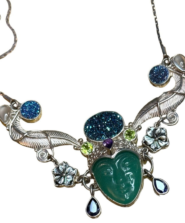 Stunning sterling silver 925 Bali designer goddess DRUZY moonstone necklace