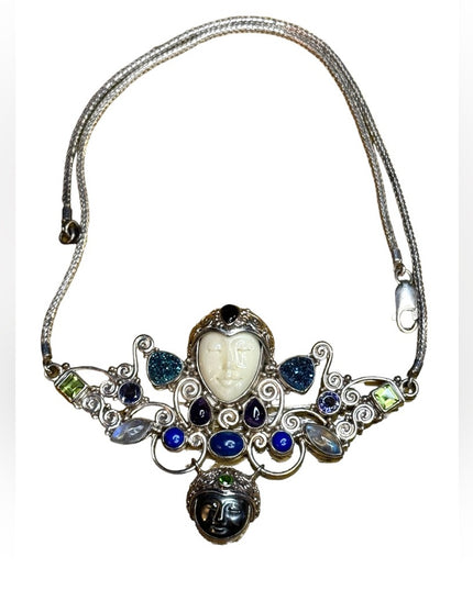 Stunning Sajen sterling silver 925 multi gemstone goddess Bali necklace handmade