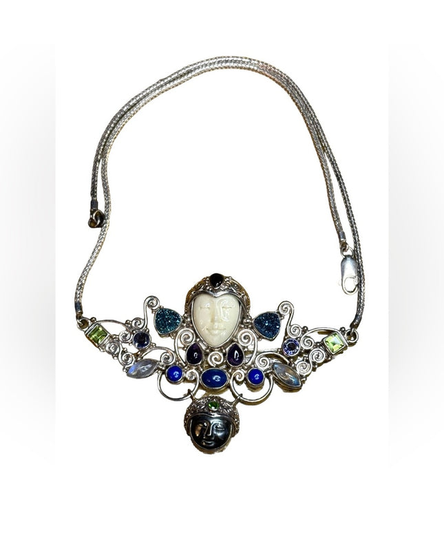 Stunning Sajen sterling silver 925 multi gemstone goddess Bali necklace handmade