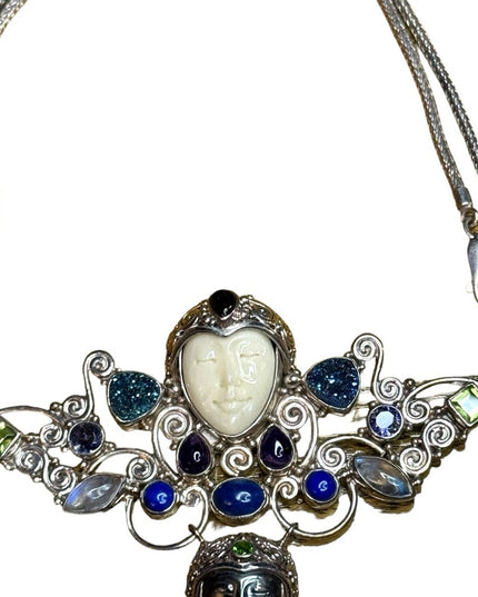 Stunning Sajen sterling silver 925 multi gemstone goddess Bali necklace handmade