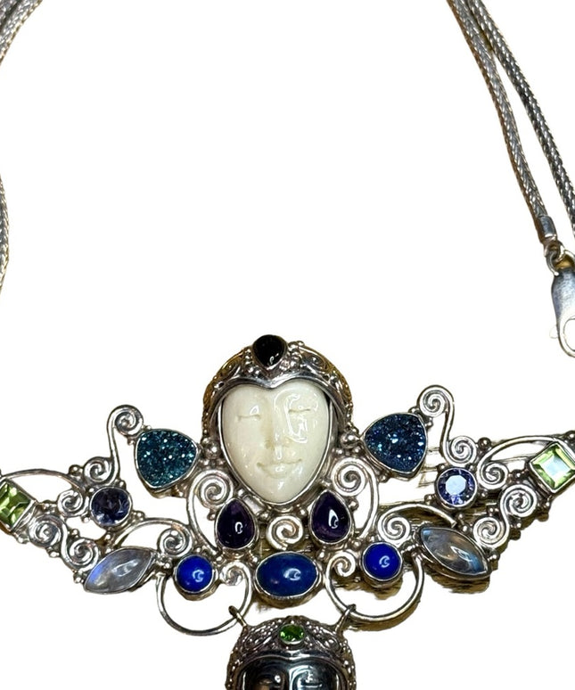 Stunning Sajen sterling silver 925 multi gemstone goddess Bali necklace handmade