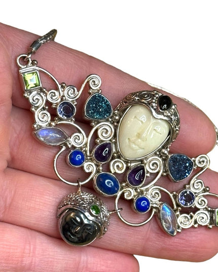 Stunning Sajen sterling silver 925 multi gemstone goddess Bali necklace handmade
