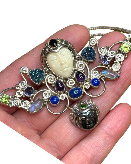 Stunning Sajen sterling silver 925 multi gemstone goddess Bali necklace handmade