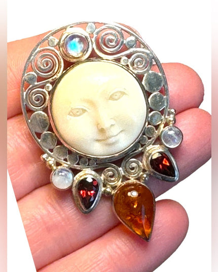 Bali handmade Sajen Boneface goddess amber garnet moonstone pendant brooch