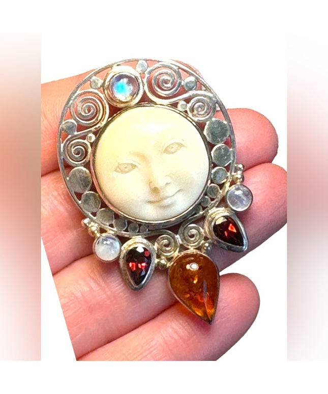 Bali handmade Sajen Boneface goddess amber garnet moonstone pendant brooch