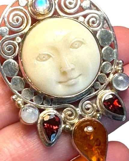 Bali handmade Sajen Boneface goddess amber garnet moonstone pendant brooch