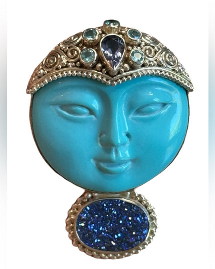 Sajen sterling silver 925 Goddess druzy turquoise amethyst topaz pendant brooch