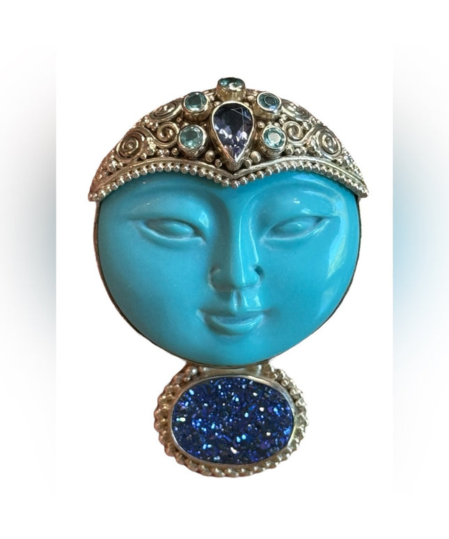 Sajen sterling silver 925 Goddess druzy turquoise amethyst topaz pendant brooch