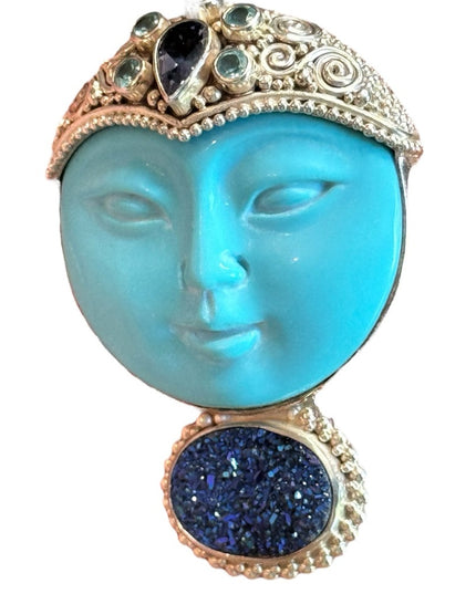 Sajen sterling silver 925 Goddess druzy turquoise amethyst topaz pendant brooch