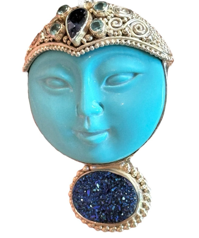Sajen sterling silver 925 Goddess druzy turquoise amethyst topaz pendant brooch