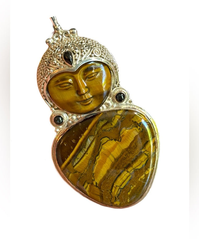 Sajen sterling silver 925 Bali Goddess tiger eye garnet large pendant designer
