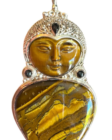Sajen sterling silver 925 Bali Goddess tiger eye garnet large pendant designer