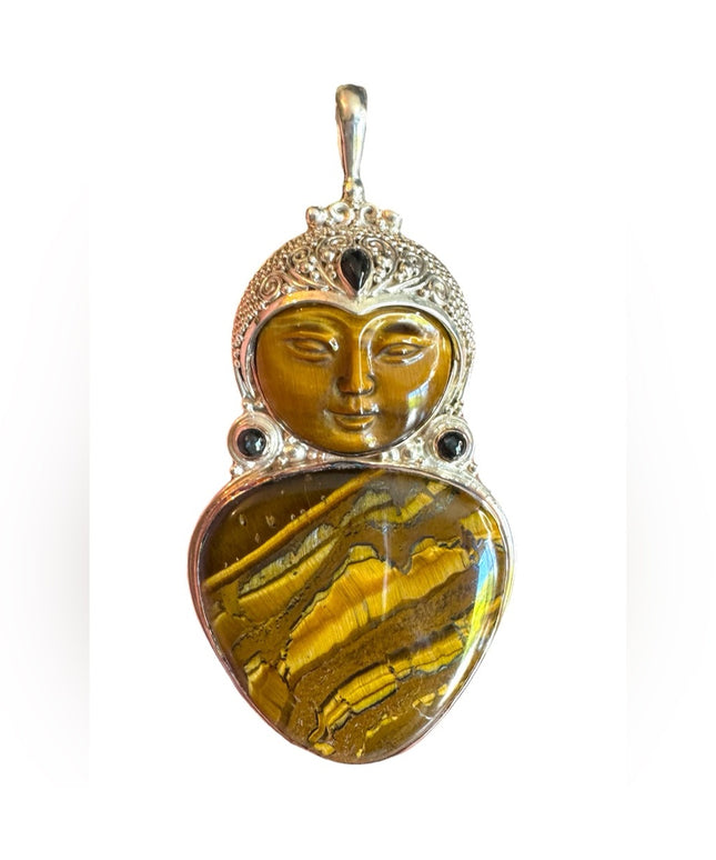 Sajen sterling silver 925 Bali Goddess tiger eye garnet large pendant designer