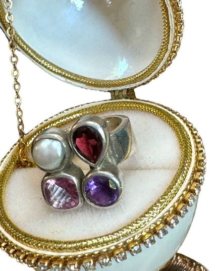 Wow!  sterling silver 925 multi gemstone amethyst pearl garnet topaz fancy ring