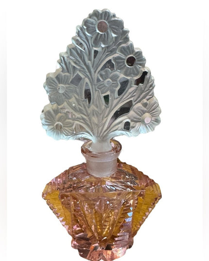 Vintage Bohemian pink cut glass crystal perfume bottle with floral dabber