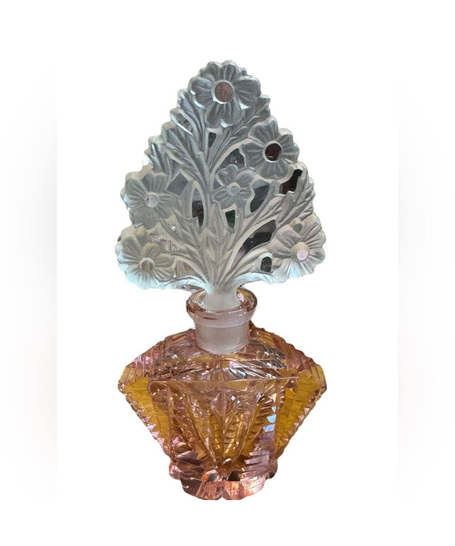 Vintage Bohemian pink cut glass crystal perfume bottle with floral dabber