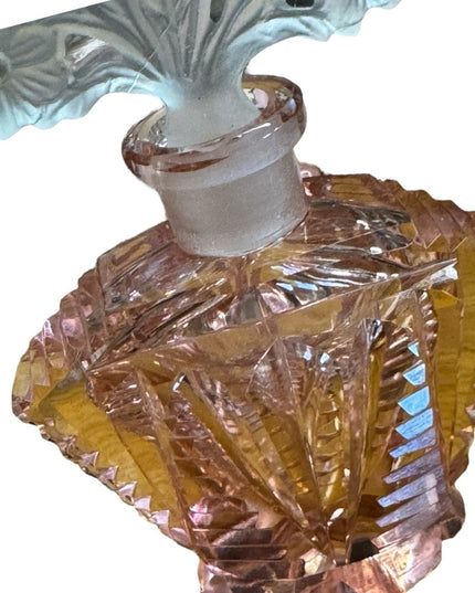 Vintage Bohemian pink cut glass crystal perfume bottle with floral dabber