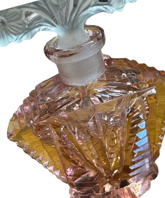 Vintage Bohemian pink cut glass crystal perfume bottle with floral dabber