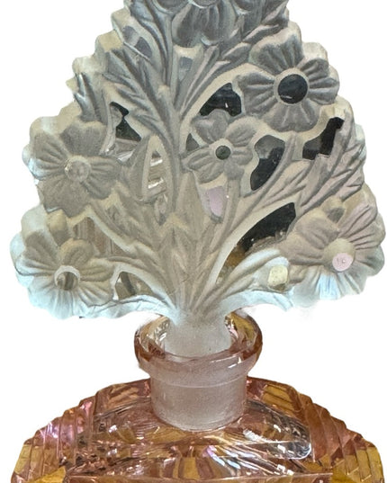 Vintage Bohemian pink cut glass crystal perfume bottle with floral dabber