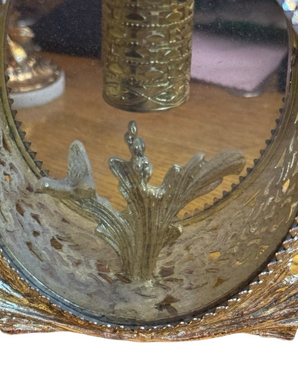 Large gold plt Vintage Vanity Ormolu Perfume Bottle Matson clear glass cherub
