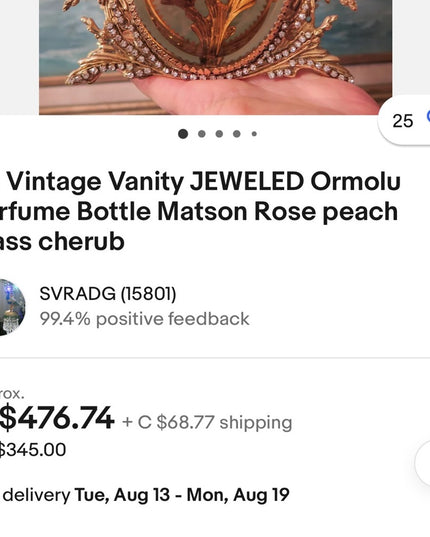 Large gold plt Vintage Vanity Ormolu Perfume Bottle Matson clear glass cherub