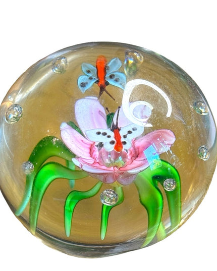 Vintage handmade solid glass flower butterfly paperweight art glass
