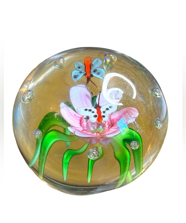 Vintage handmade solid glass flower butterfly paperweight art glass