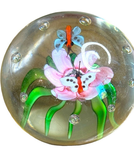 Vintage handmade solid glass flower butterfly paperweight art glass