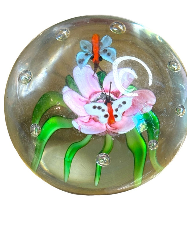 Vintage handmade solid glass flower butterfly paperweight art glass