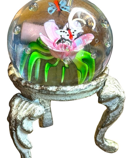 Vintage handmade solid glass flower butterfly paperweight art glass
