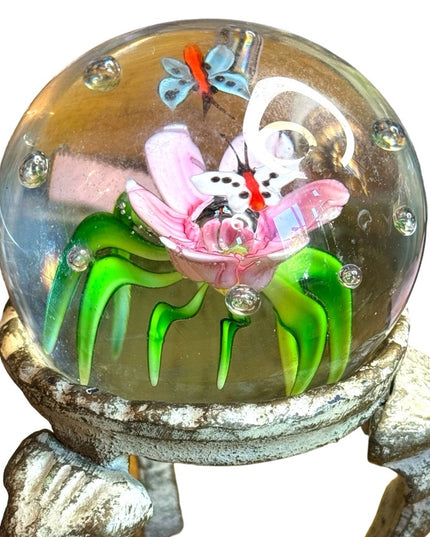 Vintage handmade solid glass flower butterfly paperweight art glass
