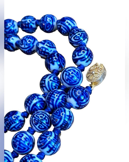 Hand Painted Old Chinese Porcelain Blue White Shou Beads Necklace Vermeil Clasp