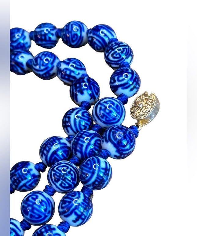 Hand Painted Old Chinese Porcelain Blue White Shou Beads Necklace Vermeil Clasp