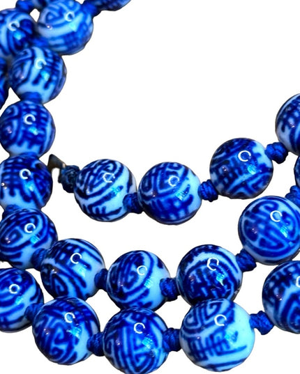 Hand Painted Old Chinese Porcelain Blue White Shou Beads Necklace Vermeil Clasp