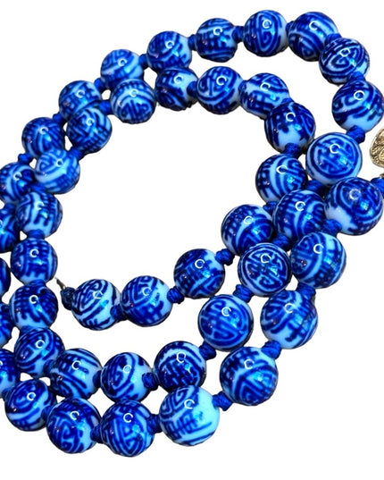 Hand Painted Old Chinese Porcelain Blue White Shou Beads Necklace Vermeil Clasp