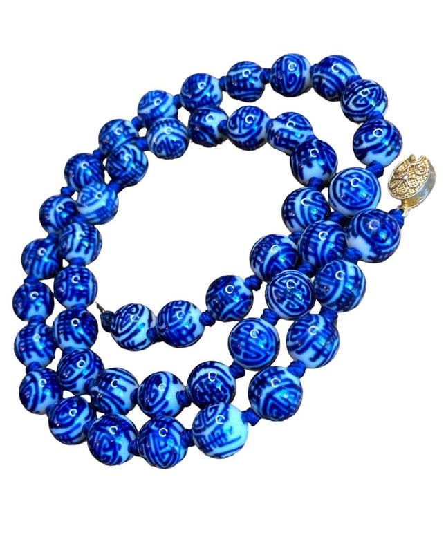 Hand Painted Old Chinese Porcelain Blue White Shou Beads Necklace Vermeil Clasp
